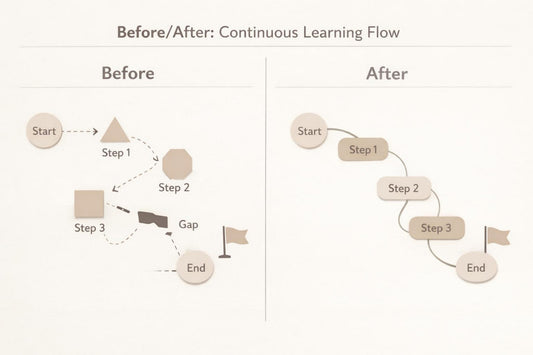 A simple before-and-after flow diagram on a light beige background. The left panel labeled 'Before' shows a start point, three labeled steps (Step 1, Step 2, Step 3), a gap, and an end point with a flag.