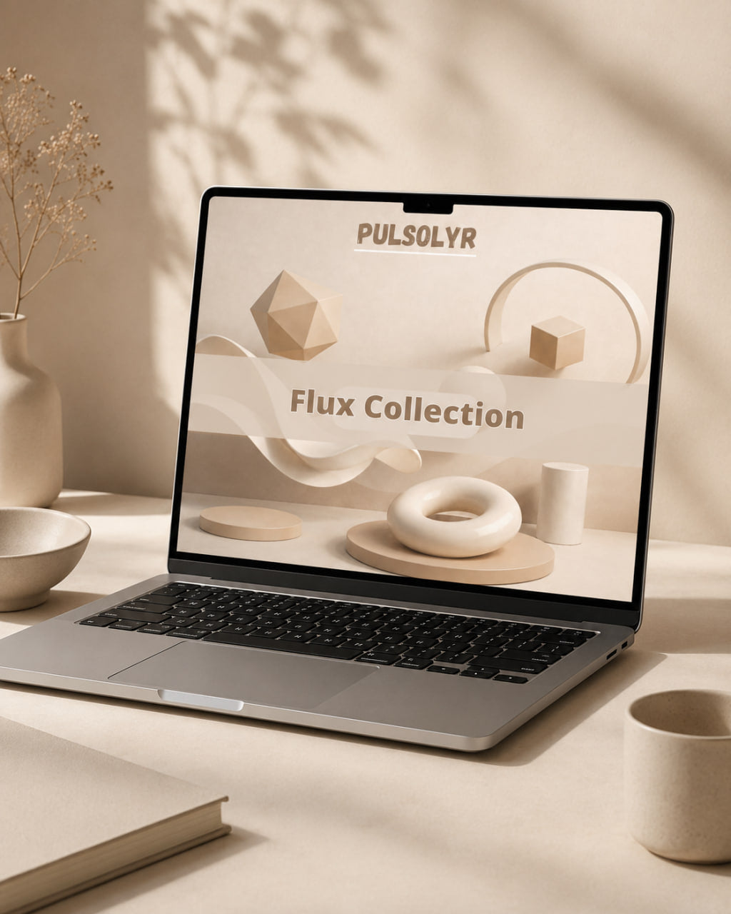 An open silver laptop sits on a beige desk displaying a minimalist website mockup with the text 'PULSOLYR Flux Collection.' The scene is styled with warm neutral props including a ceramic vase with dried stems, a book, a cup, and soft shadows cast across a cream surface.