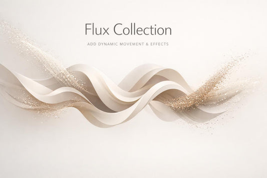 Abstract digital graphic with layered flowing ribbon-like forms in cream and beige, metallic gold glitter streaks, and the text 'Flux Collection' and 'ADD DYNAMIC MOVEMENT & EFFECTS' on a light neutral background.