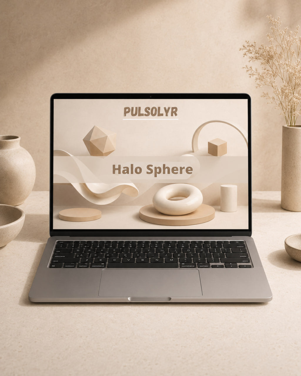 A silver laptop sits open on a beige tabletop, displaying a digital design preview with the text 'PULSOLYR' and 'Halo Sphere' over a minimalist abstract scene. The setup is styled with ceramic vases and dried stems in a warm, neutral interior.