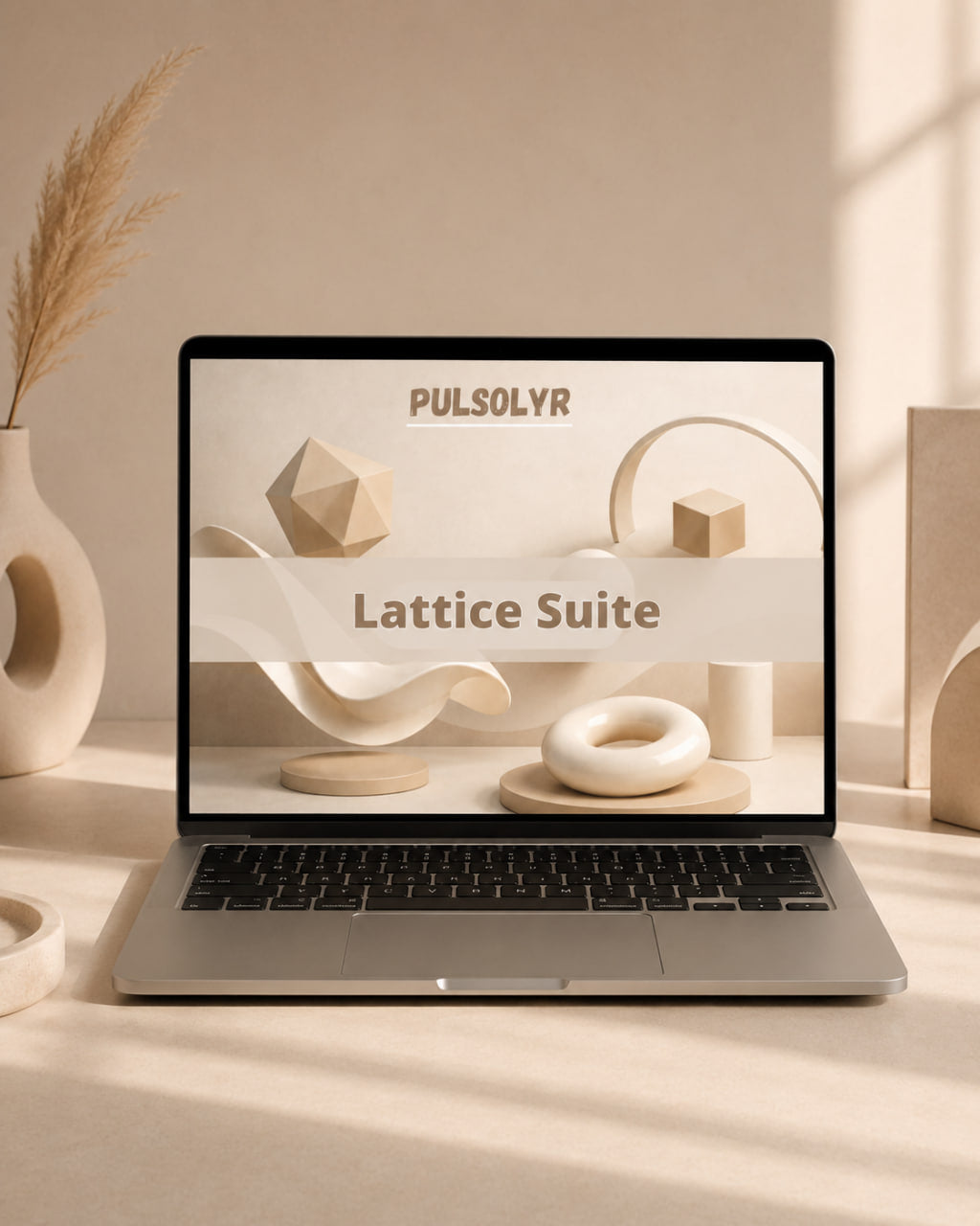A silver laptop sits open on a warm beige surface, displaying a presentation slide titled 'PULSOLYR Lattice Suite' with abstract geometric shapes on screen. The scene is styled with a ceramic vase of dried grass and soft window shadows.