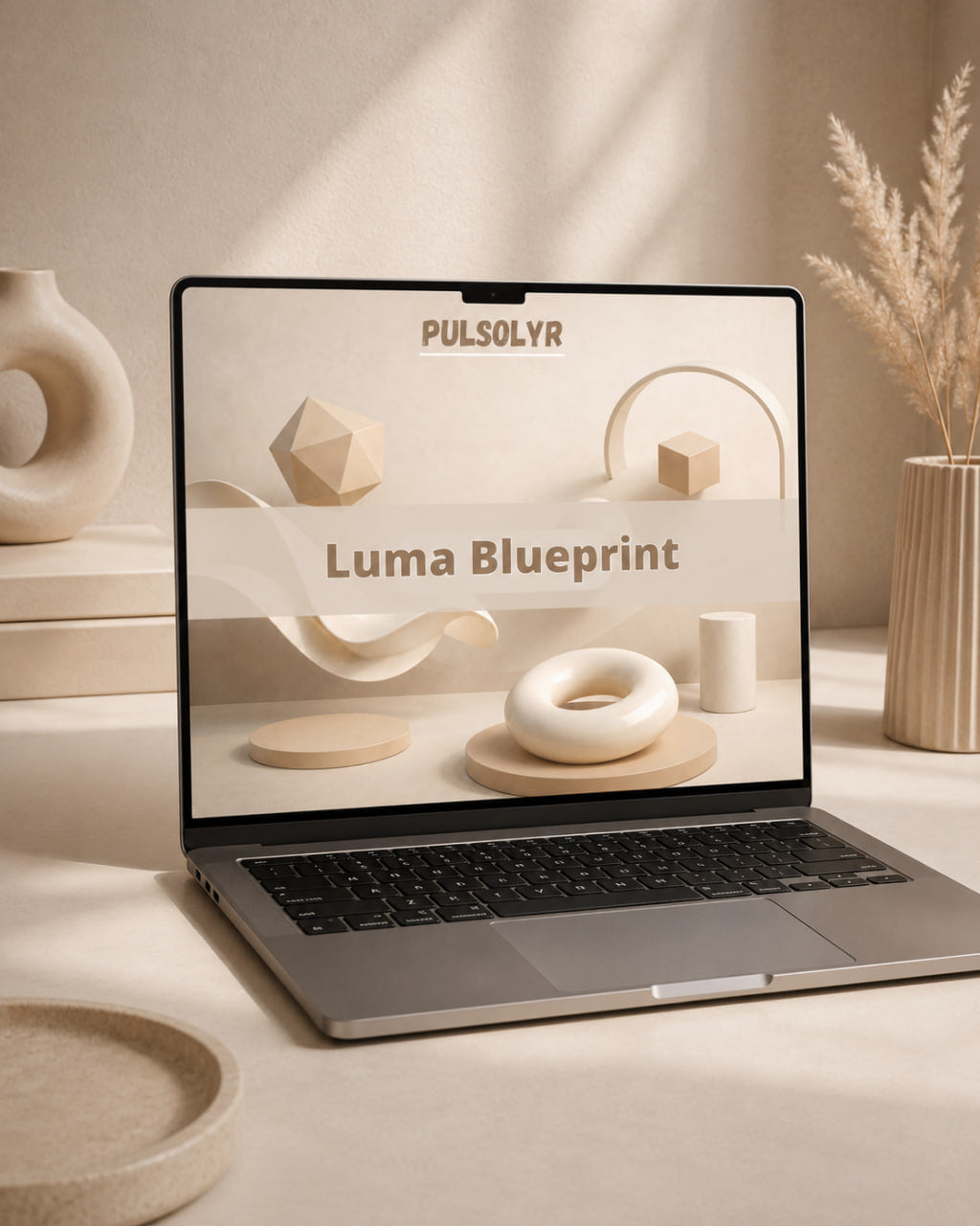 A laptop on a beige desk displaying a minimalist interior design mockup with the text 'PULSOLVR' and 'Luma Blueprint.' The scene includes decorative ceramic vessels, a tray, and dried grass in a warm, sunlit room.