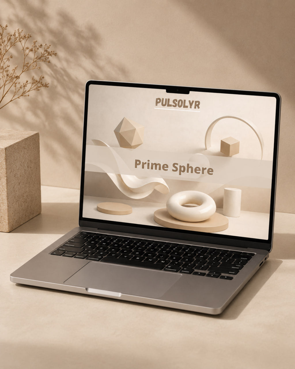 A silver laptop sits open on a beige surface, displaying a minimalist geometric design screen with the text 'PULSOLYR Prime Sphere.' The scene is styled with warm lighting, soft shadows, and decorative dried branches in a vase on the left.