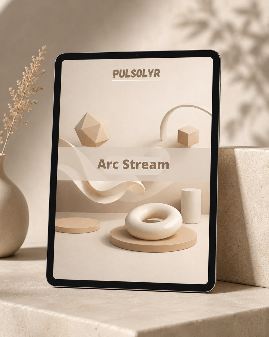 A tablet device with a black bezel displaying the Pulsolyr Arc Stream design template. The screen shows a minimalist, warm-toned 3D geometric layout with beige and cream shapes.
