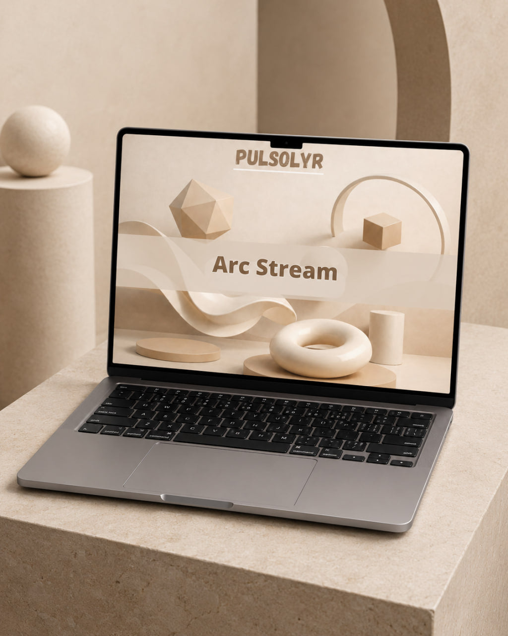 A silver laptop on a beige pedestal displaying a digital design template titled 'Arc Stream' by the brand PULSOLYR. The scene is styled with minimalist geometric props in a warm, neutral studio setting.