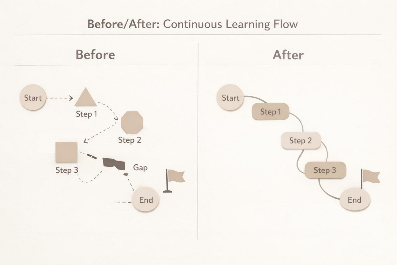 A simple before-and-after flow diagram on a light beige background. The left panel labeled 'Before' shows a start point, three labeled steps (Step 1, Step 2, Step 3), a gap, and an end point with a flag.