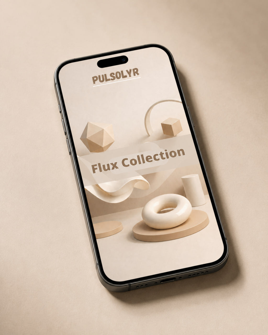 A smartphone shown at an angle on a warm beige surface, displaying a minimalist abstract design app screen with the text 'PULSOLYR' and 'Flux Collection'.
