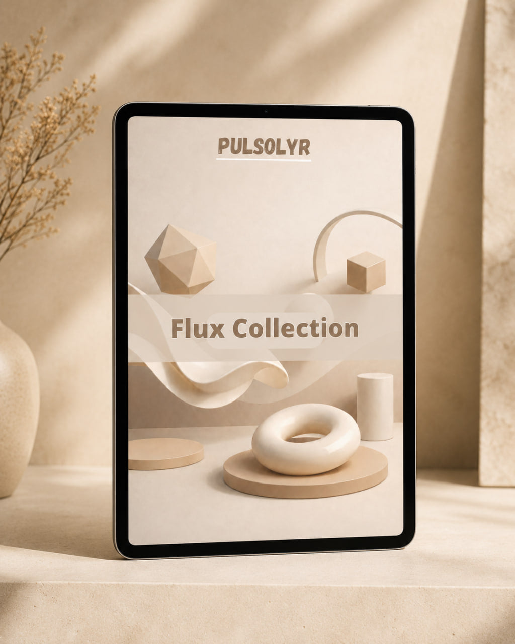 A tablet device with a black border displays a minimalist beige and cream 3D abstract design collection titled 'PULSOLVR Flux Collection'. The tablet is placed on a light beige surface next to a ceramic vase with dried stems, under warm, sun-dappled shadows.