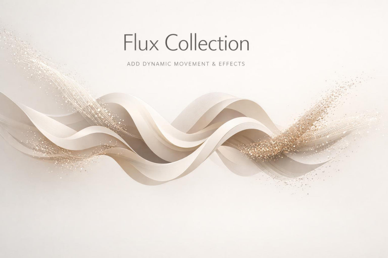 Abstract digital graphic with layered flowing ribbon-like forms in cream and beige, metallic gold glitter streaks, and the text 'Flux Collection' and 'ADD DYNAMIC MOVEMENT & EFFECTS' on a light neutral background.