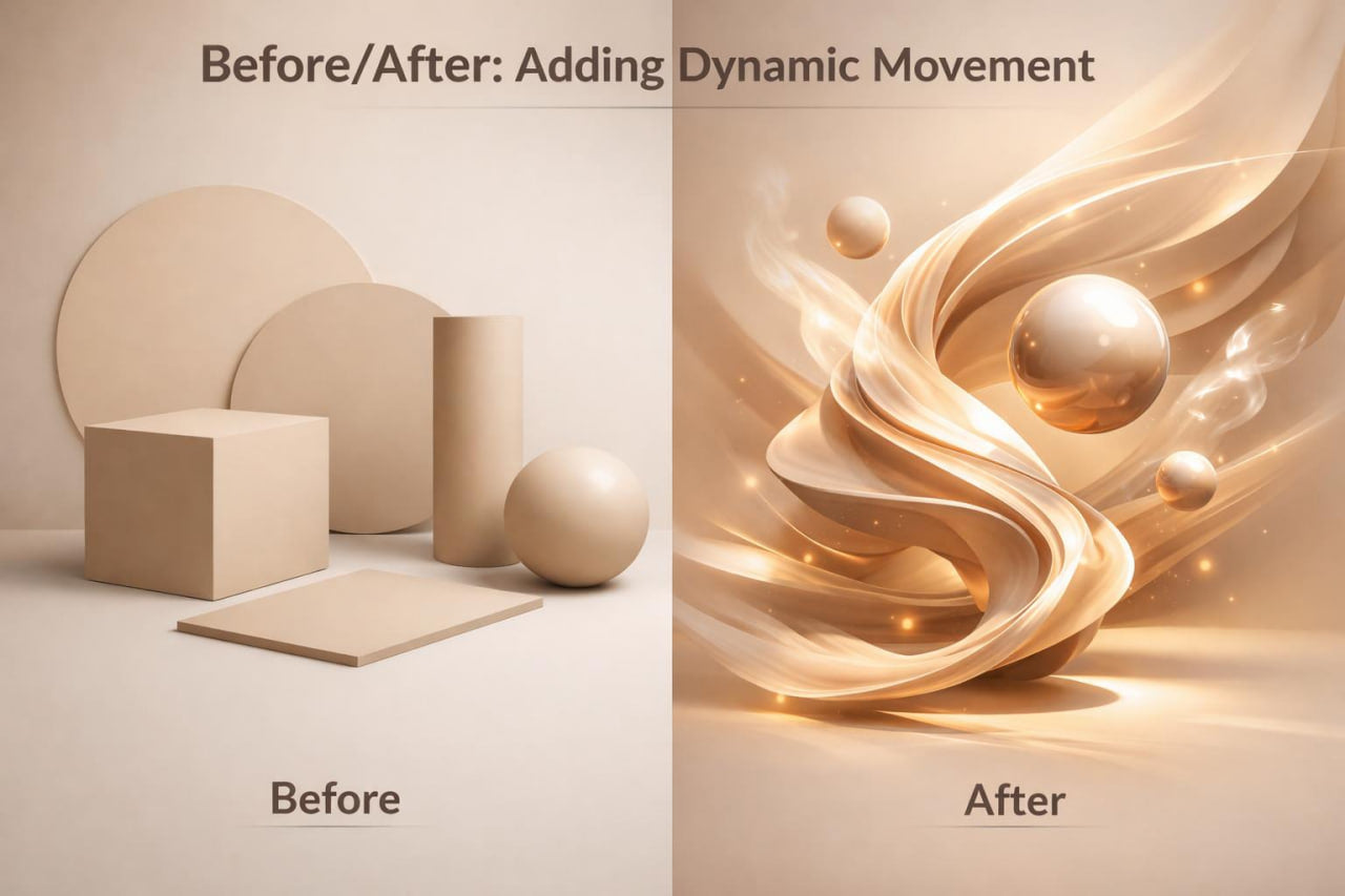 A split comparison graphic labeled 'Before/After: Adding Dynamic Movement' shows simple beige geometric shapes on the left ('Before') and flowing golden abstract waves with spheres on the right ('After').