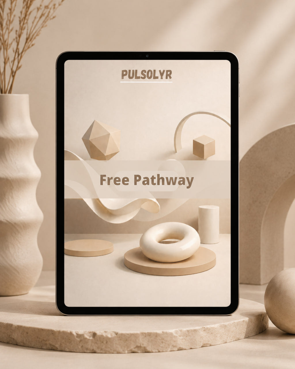 A tablet device standing upright on a stone pedestal, displaying a minimalist beige and cream 3D design template with the text 'PULSOLYR' and 'Free Pathway'. The scene is styled with a textured ceramic vase, dried branches, and abstract geometric props in warm neutral tones.
