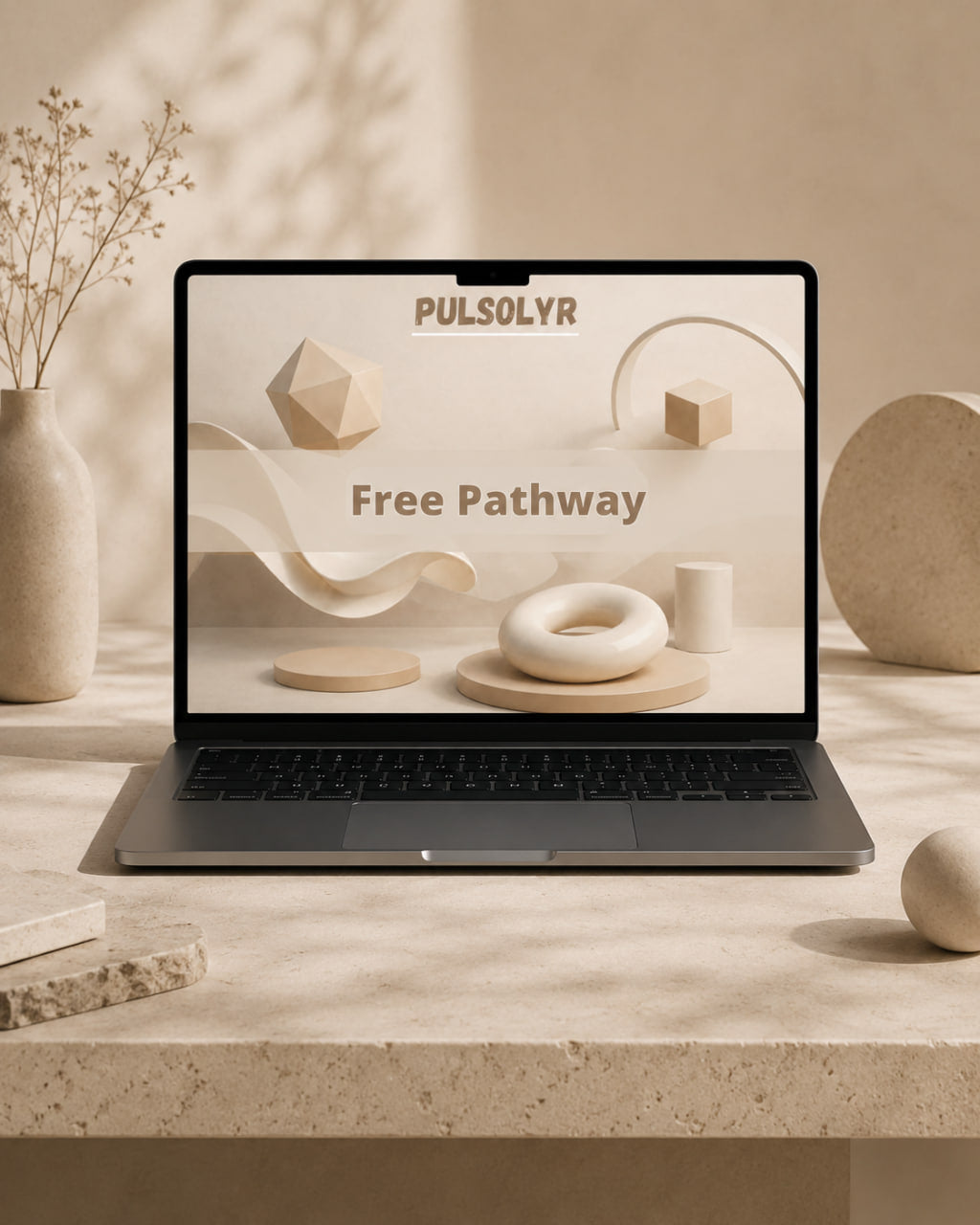 A dark gray laptop sits open on a beige stone surface, displaying a minimalist cream and beige abstract design template with the text 'PULSOLYR' and 'Free Pathway'. The scene is styled with ceramic vases, dried stems, and geometric decor in warm natural light.