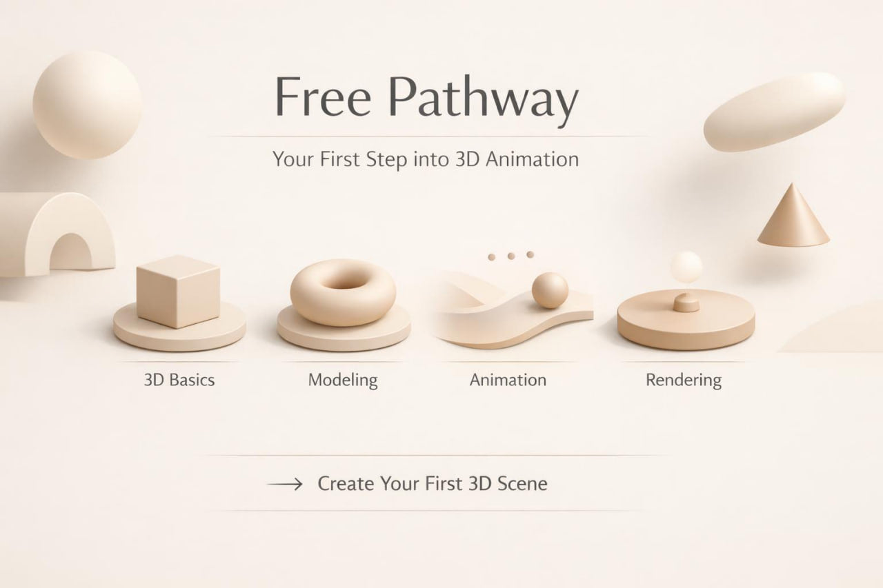A minimalist beige promotional graphic for a 3D animation course or software feature, titled 'Free Pathway'. It displays four labeled stages—'3D Basics', 'Modeling', 'Animation', and 'Rendering'—illustrated with simple geometric shapes floating in a clean, 3D isometric style.