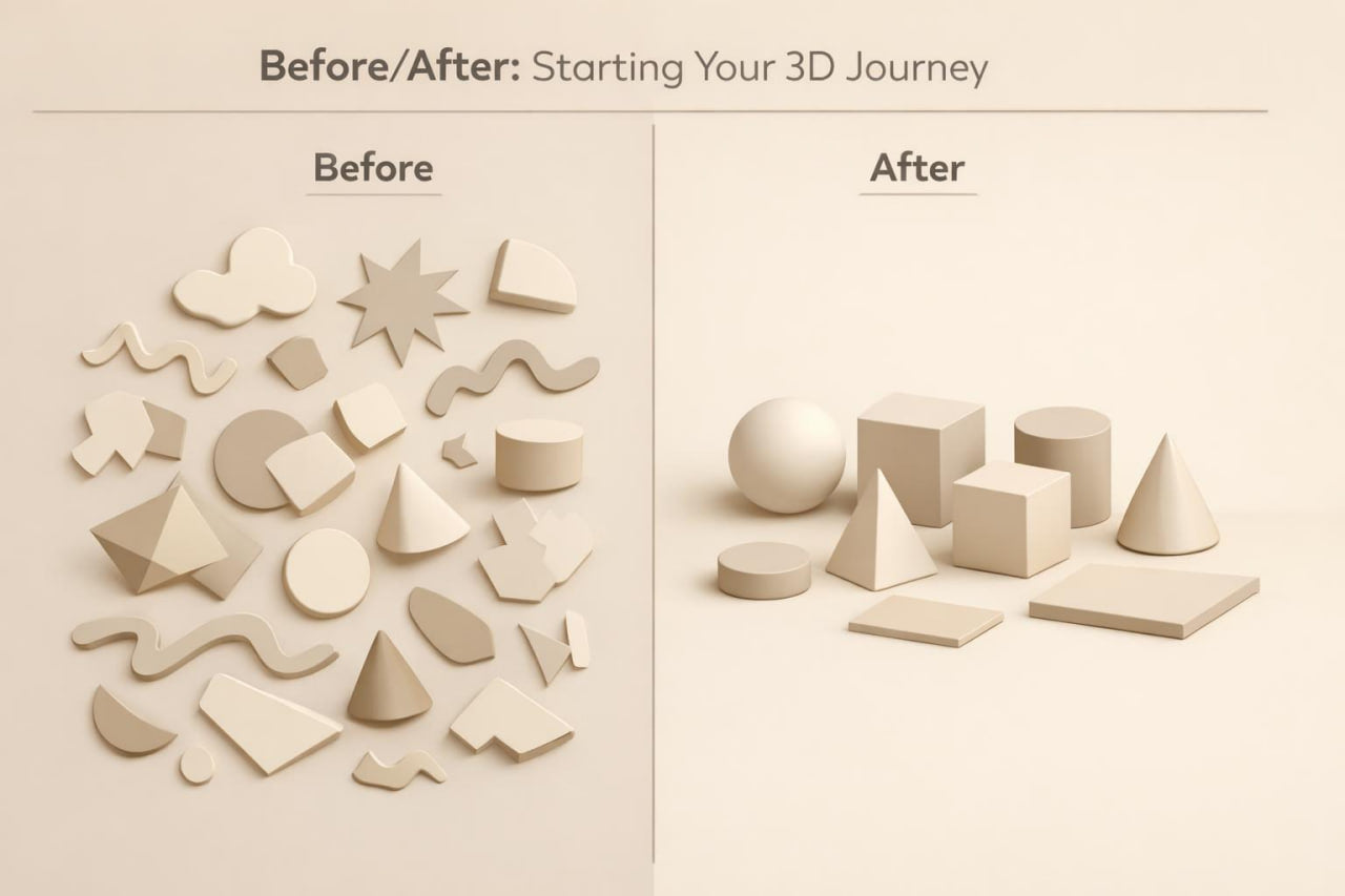 A beige and cream digital graphic titled 'Before/After: Starting Your 3D Journey' with a split layout. The left 'Before' side shows a scattered collection of 3D geometric shapes, including cones, spheres, cubes, and wavy forms.