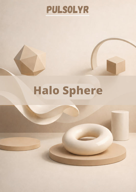 A 3D render display of a cream-colored 'Halo Sphere' on a light wood pedestal, surrounded by other minimalist geometric props in beige and white against a warm beige background. The brand name 'PULSOLYR' is shown at the top.