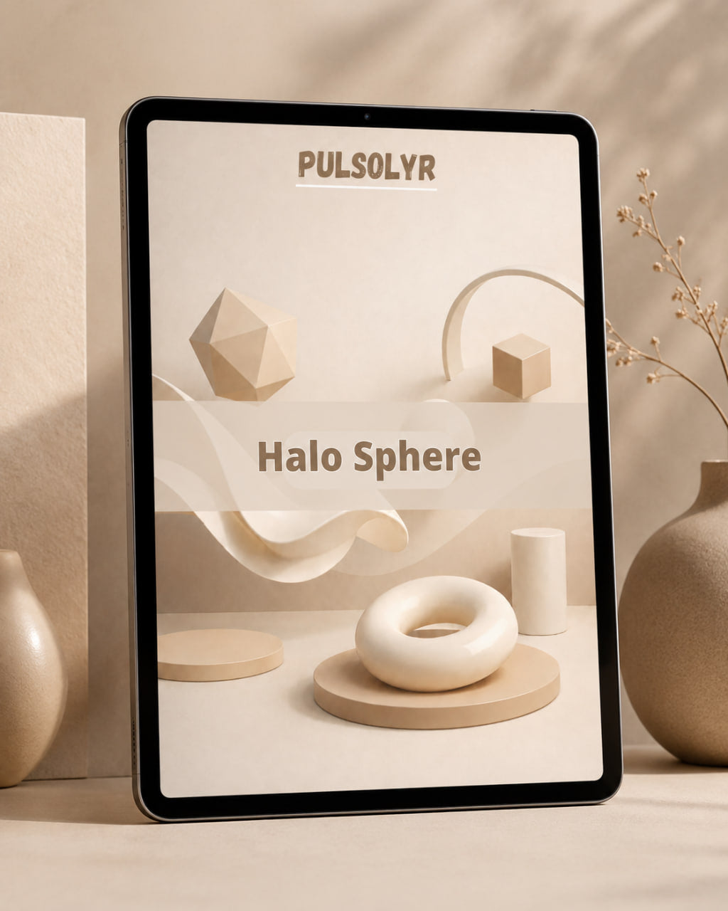 A tablet device displaying a minimalist 3D design template titled 'Halo Sphere' by Pulsolyr, styled in a warm, neutral studio setting with ceramic vases.