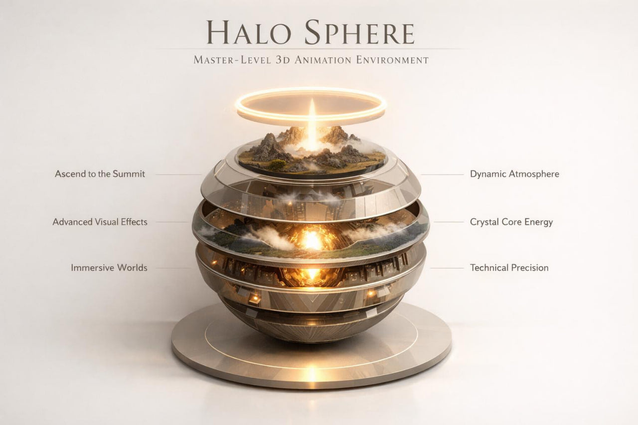 A metallic halo-shaped 3D animation environment labeled 'HALO SPHERE' on a light gray background, with callouts reading 'Master-Level 3D Animation Environment' and feature labels such as 'Dynamic Atmosphere,' 'Crystal Core Energy,' and 'Technical Precision.'.