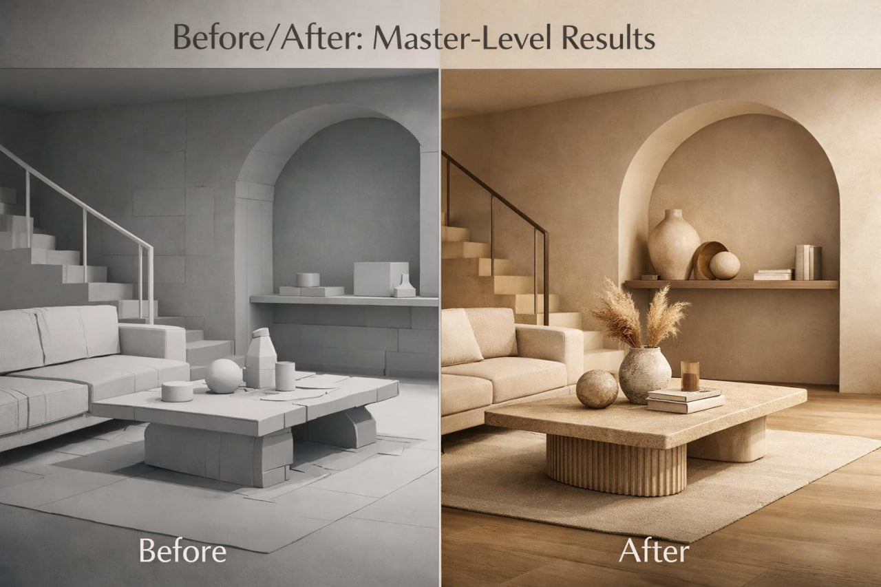 Before and after comparison of a minimalist living room interior, showing a monochrome grayscale rendering labeled 'Before' on the left and a warm beige rendered version labeled 'After' on the right, with the header 'Before/After: Master-Level Results' at the top.