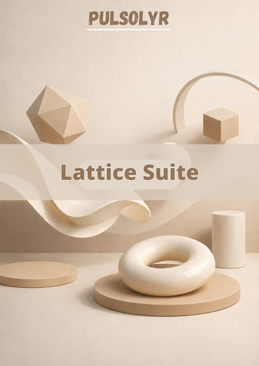 A promotional graphic for a 3D printing lattice suite by Pulsolyr, featuring abstract geometric shapes and display stands in warm beige and cream tones against a matching background.