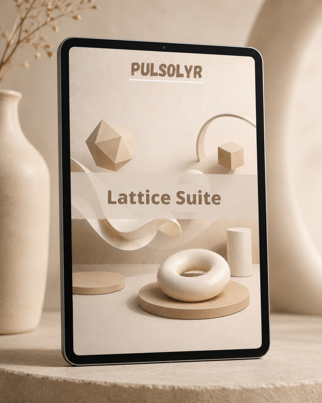 A tablet device standing upright on a light stone surface, displaying a minimalist beige interior design mockup with the text 'PULSOLYR' and 'Lattice Suite.' Decorative ceramic vases and dried stems appear around it in a warm neutral room setting.