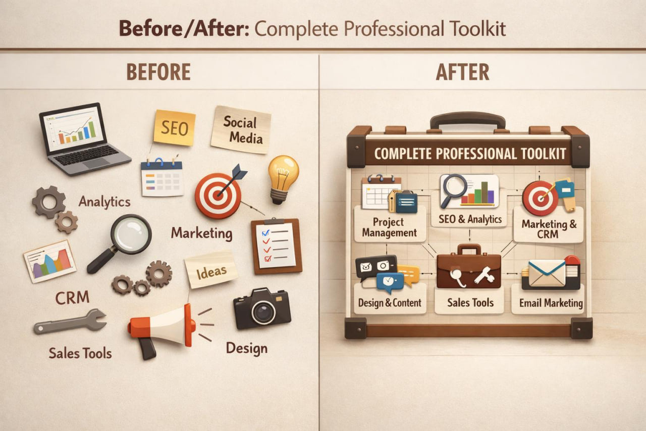 Before and after comparison graphic for a professional toolkit, showing a list of tools under the label BEFORE on the left and a suitcase-style bundle labeled AFTER on the right. The left side includes icons for analytics, social media, SEO, CRM, marketing, ideas, sales tools, design, and a megaphone.