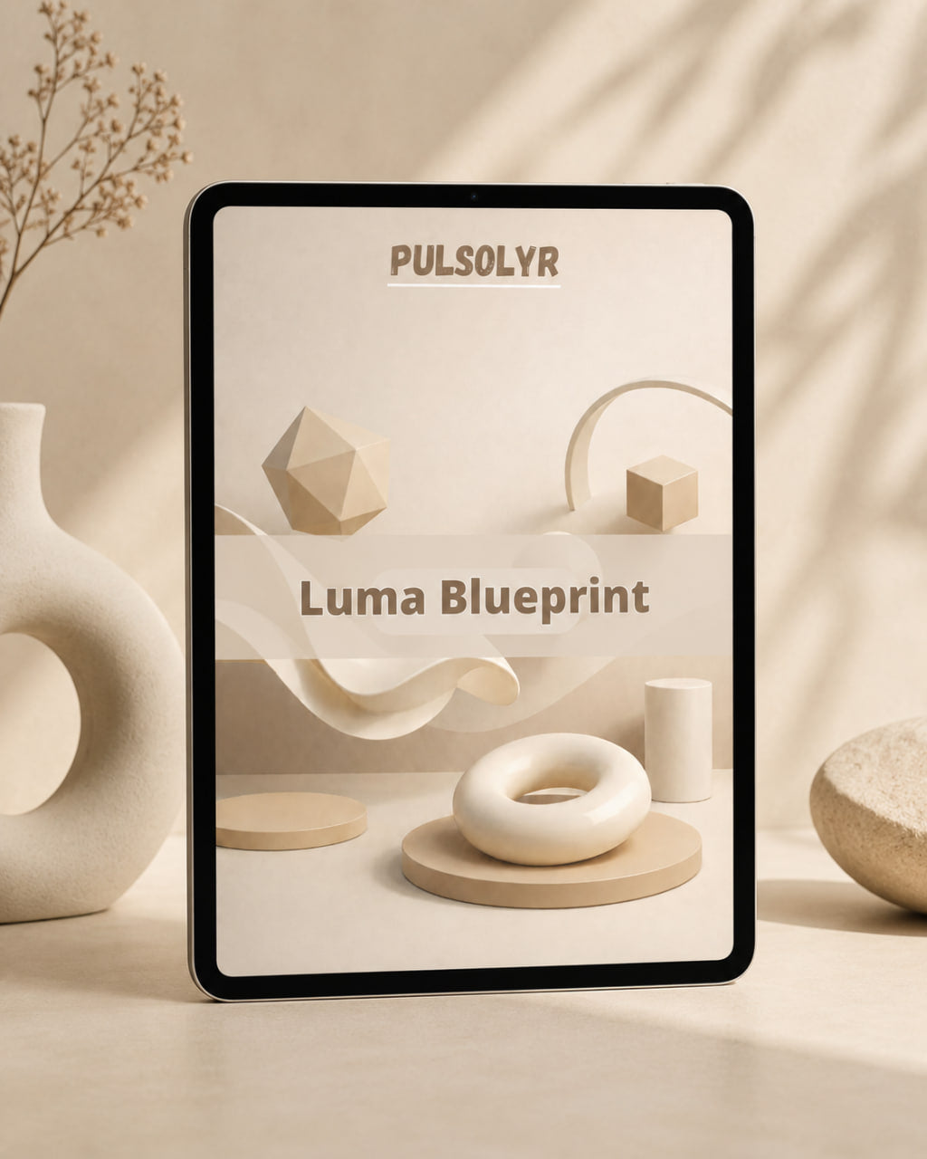 A tablet device standing upright on a tabletop, displaying a minimalist beige interior design layout with geometric shapes and the text 'PULSOLVR' and 'Luma Blueprint.' The scene is styled with ceramic vases and soft natural shadows in a warm neutral setting.