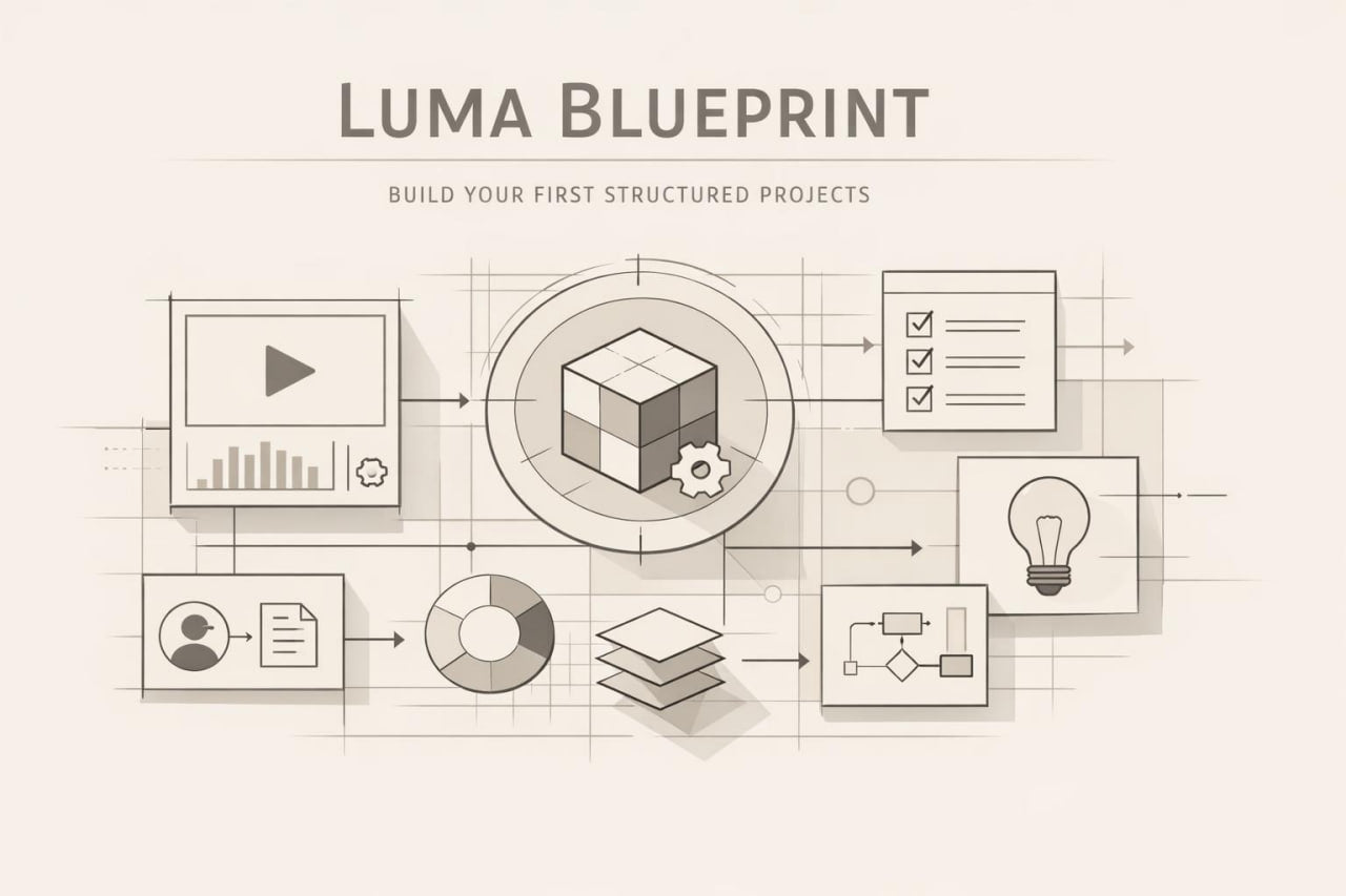 A beige and gray digital infographic titled 'LUMA BLUEPRINT' with the subtitle 'BUILD YOUR FIRST STRUCTURED PROJECTS.' The design shows a central 3D cube with a gear icon, surrounded by connected tech and workflow icons including a play button, checklist, lightbulb, user profile, and charts on a clean background.
