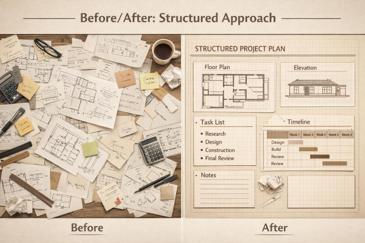 A before-and-after comparison graphic for a structured project planning approach. The left 'Before' side shows a cluttered desk with scattered architectural drawings, sticky notes, a calculator, and a coffee cup.