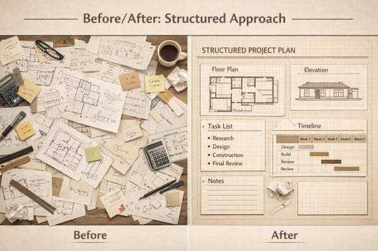 A before-and-after comparison graphic for a structured project planning approach. The left 'Before' side shows a cluttered desk with scattered architectural drawings, sticky notes, a calculator, and a coffee cup.