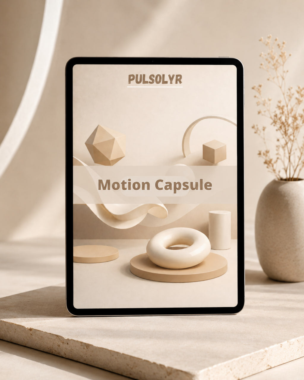 A tablet device with a black border displays a beige and cream motion graphics template titled 'PULSOLYR Motion Capsule' on its screen, set on a stone surface next to a ceramic vase with dried stems.