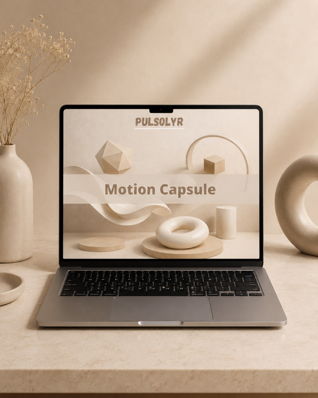 A silver laptop sits on a beige stone surface in a styled interior scene, displaying a presentation slide titled 'PULSOLYR Motion Capsule' with minimalist beige geometric shapes. Decorative ceramic objects and a vase with dried stems frame the laptop.