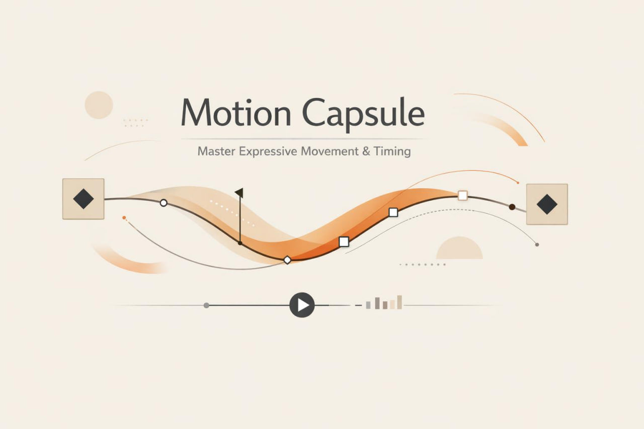A digital graphic with the text 'Motion Capsule' and 'Master Expressive Movement & Timing' above an abstract wavy orange and beige line illustration on a light cream background.