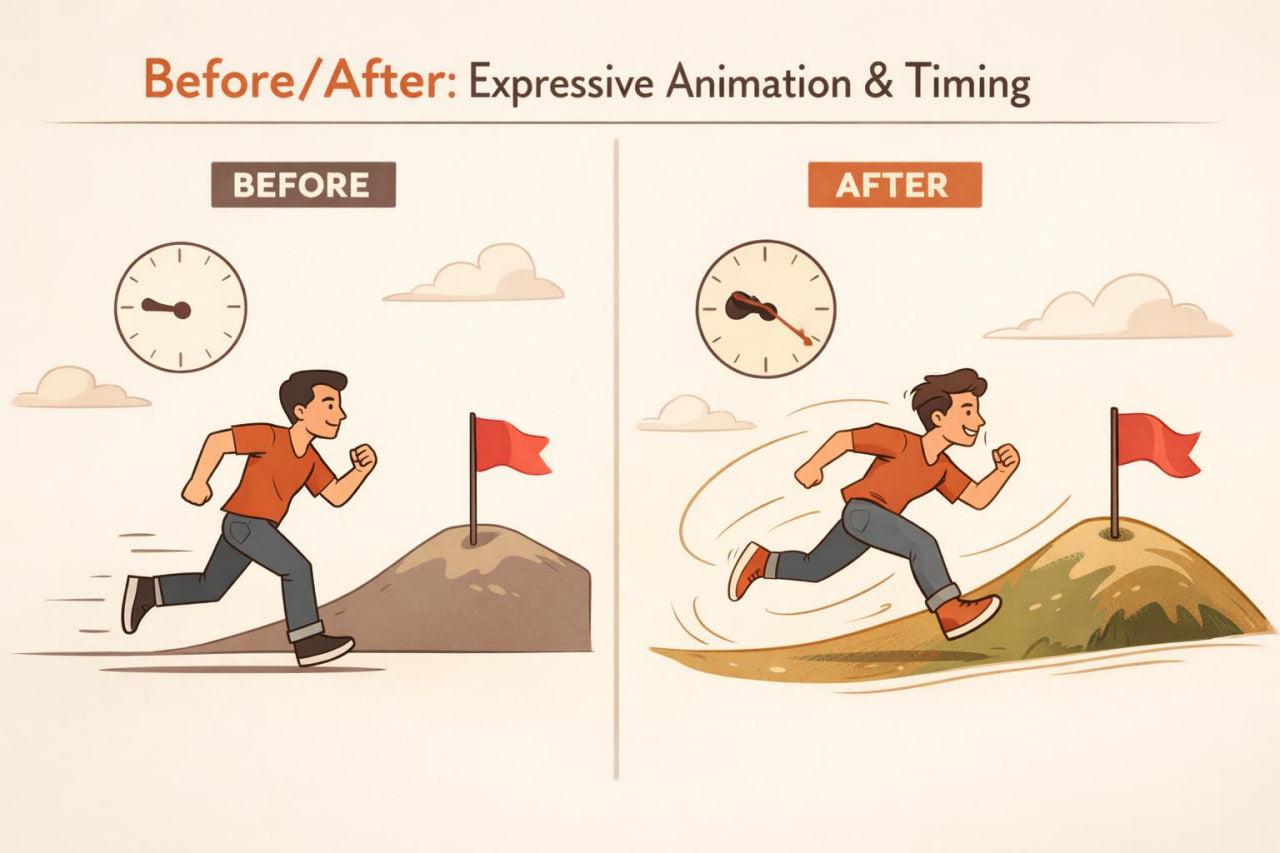 A before-and-after comparison illustration showing a man running up a small hill toward a flag. The left panel is labeled BEFORE and shows a simple, slower running style; the right panel is labeled AFTER and shows a more dynamic, expressive running style with motion lines and a clock above.