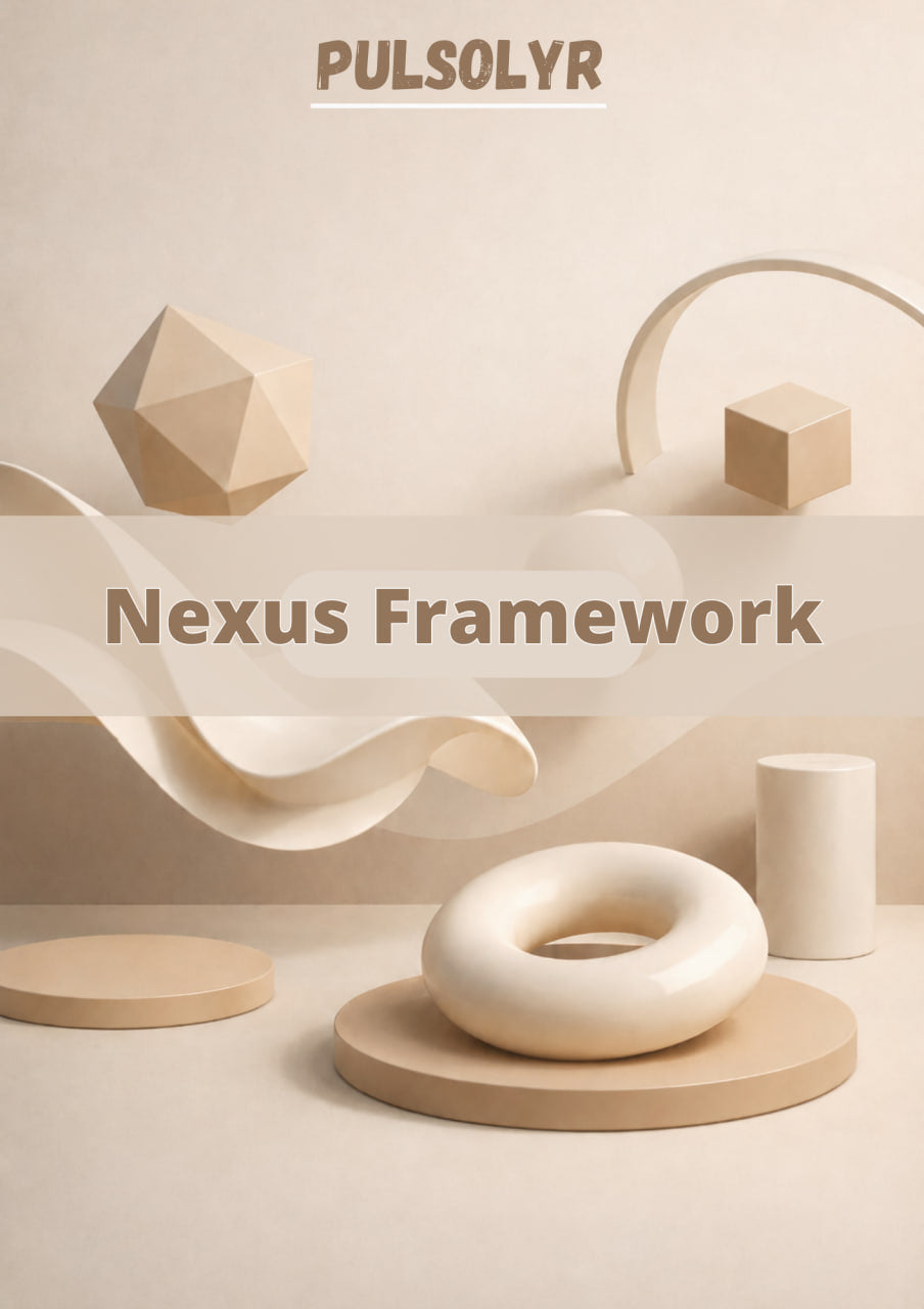 A minimalist beige and cream 3D-rendered abstract composition with geometric shapes and the text 'PULSOLYR' at the top and 'Nexus Framework' across the center, suggesting a digital design or software framework preview.