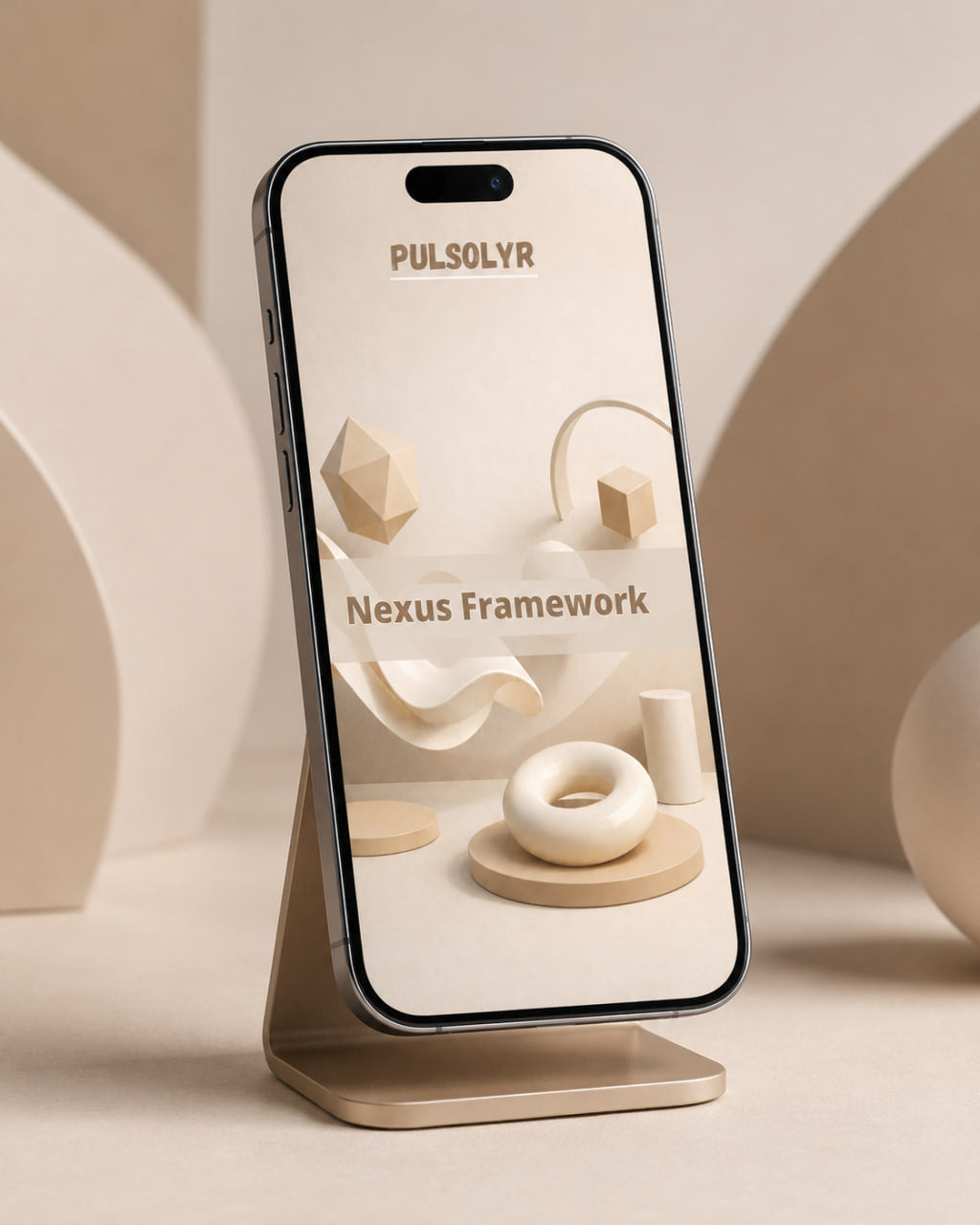 A smartphone displayed upright on a matching stand against a warm beige studio background. The phone screen shows the Pulsolyr Nexus Framework design interface with minimalist cream and tan geometric shapes.
