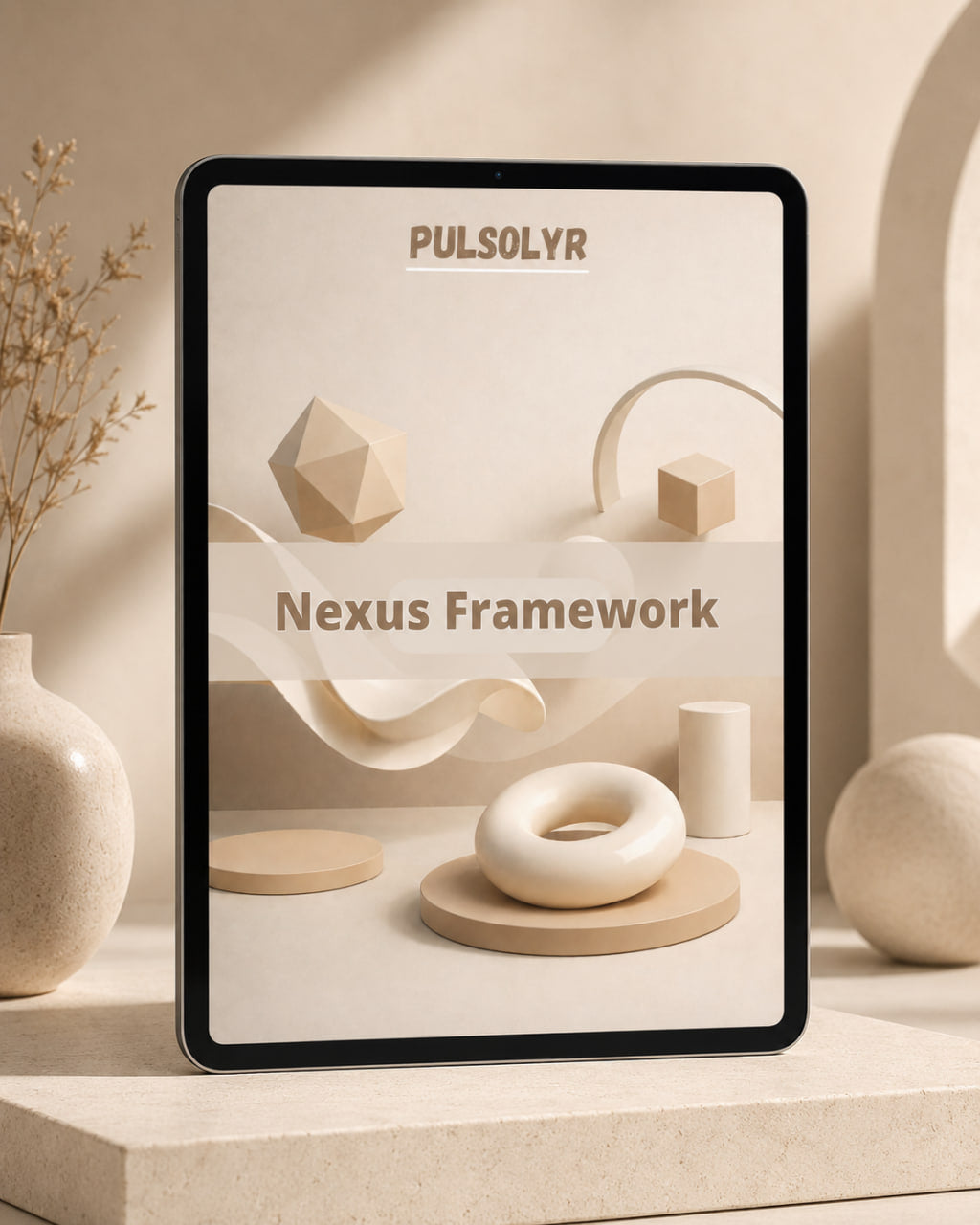 A tablet device displaying the Pulsolyr Nexus Framework design template, styled on a beige stone surface with decorative ceramic vases and geometric props in a warm, minimalist setting.