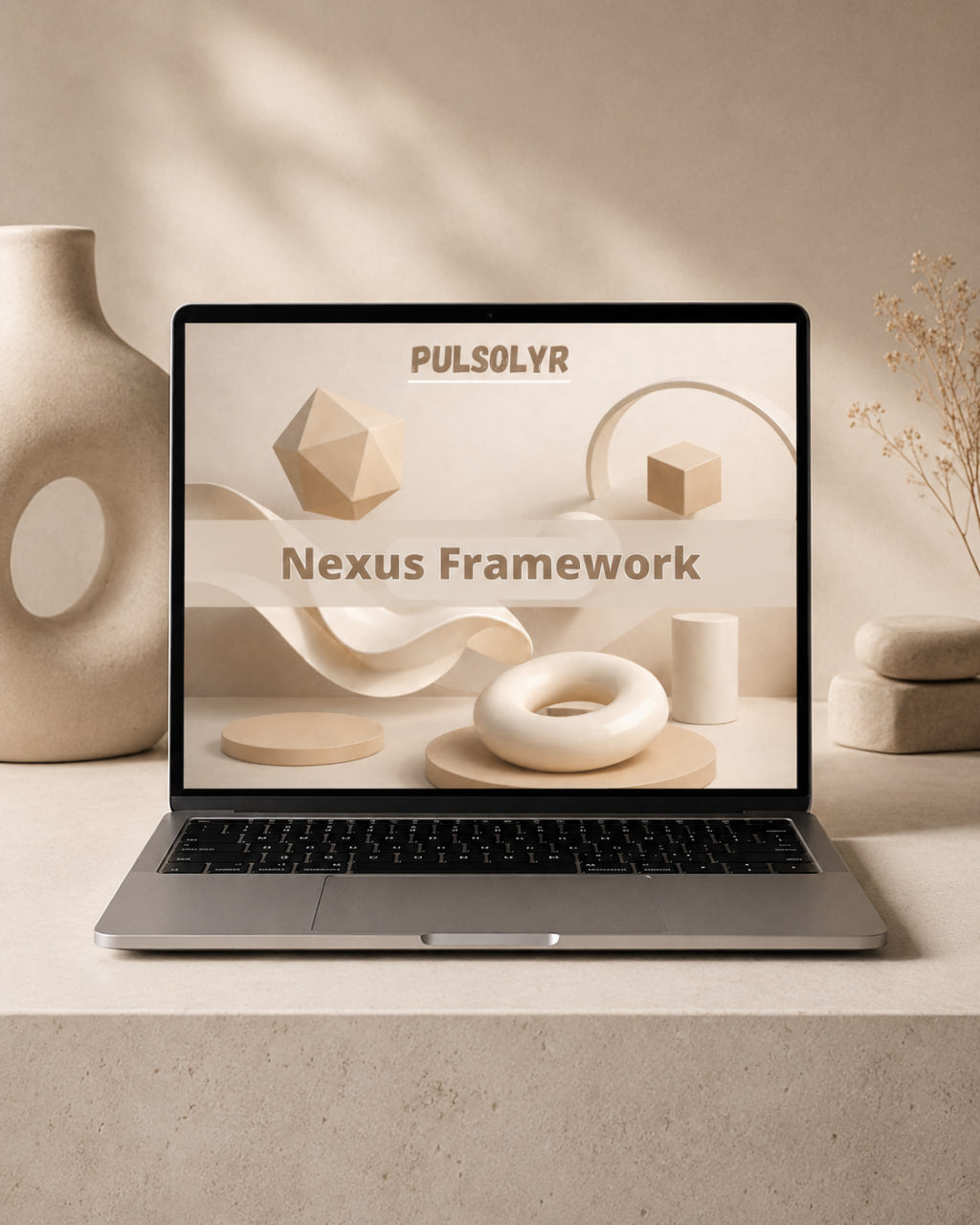 A silver laptop sits on a light stone surface in a warm neutral interior. The screen displays the text 'PULSOLYR' and 'Nexus Framework' over a beige abstract geometric design.