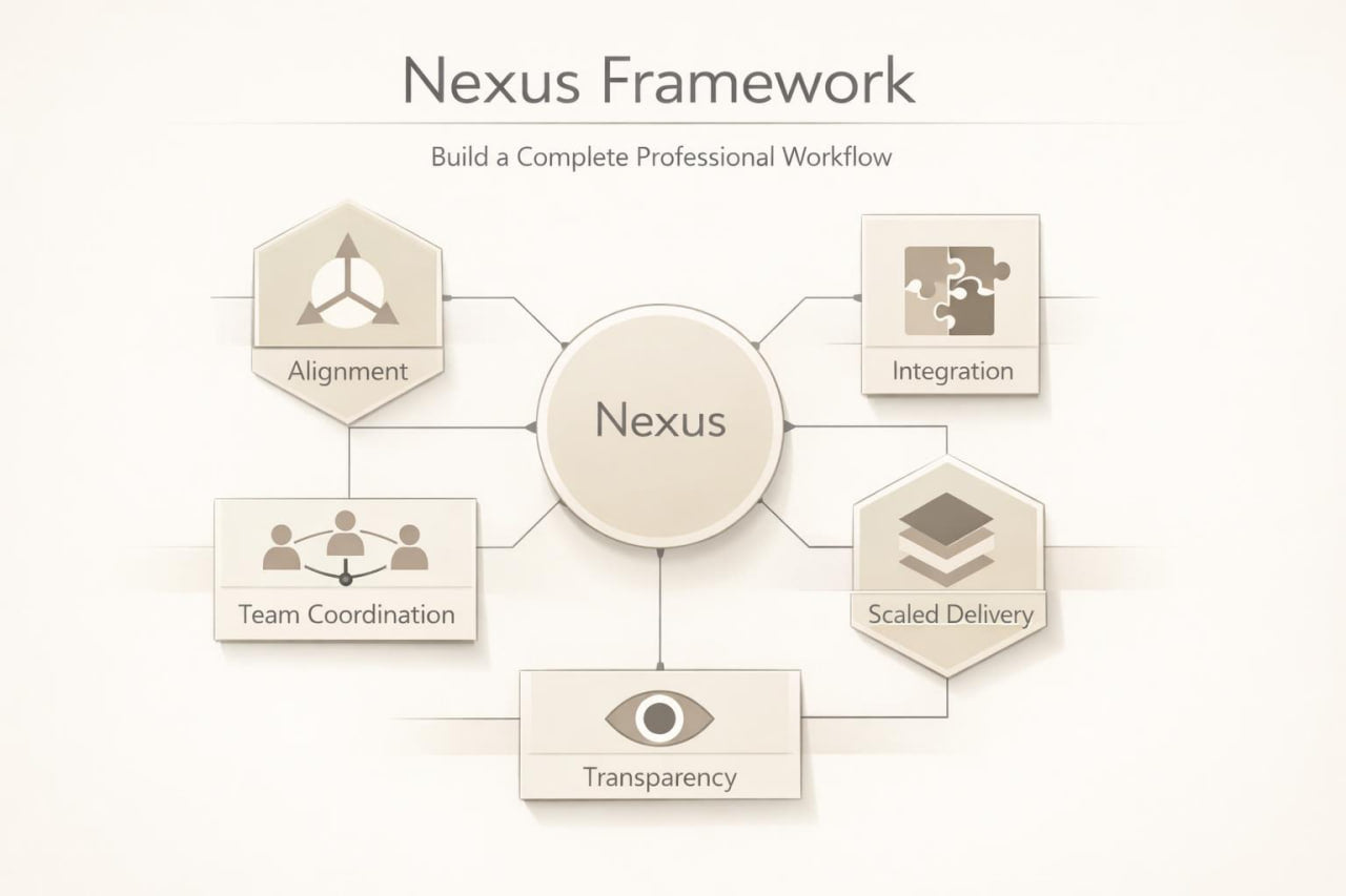 A beige and white infographic titled 'Nexus Framework' showing a central 'Nexus' circle connected to five labeled sections: Alignment, Integration, Team Coordination, Scaled Delivery, and Transparency, with the subtitle 'Build a Complete Professional Workflow'.