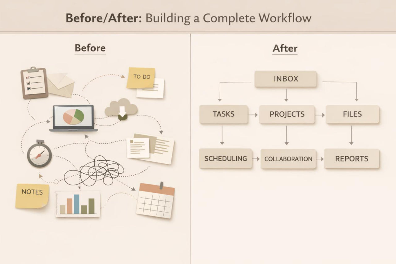 A before-and-after workflow diagram on a warm beige background. The left side, labeled Before, shows a cluttered inbox with icons for to-do lists, a computer screen, a cloud, a stopwatch, charts, and sticky notes.