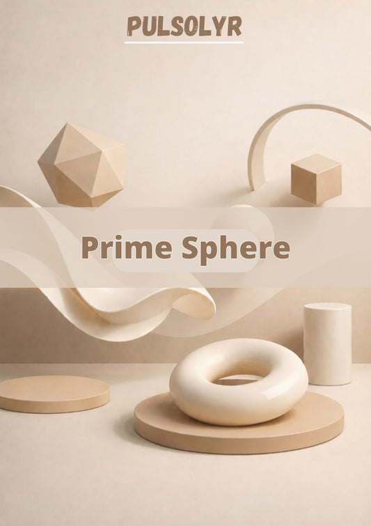 A minimalist beige and cream 3D render featuring geometric display forms, including a ring on a round platform, a cylinder, a cube, and a faceted polyhedron, with the text 'PULSOLYR' at the top and 'Prime Sphere' across the center.