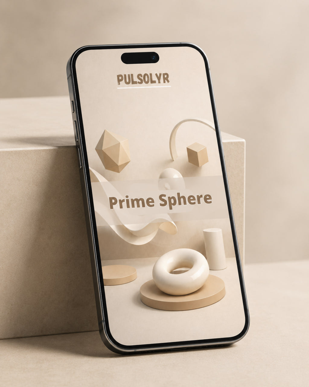 A smartphone with a black border leans against a beige geometric display block. The phone screen displays a minimalist 3D-rendered design titled 'PULSOLYR Prime Sphere' in warm beige and cream tones with geometric shapes and a donut-like form.
