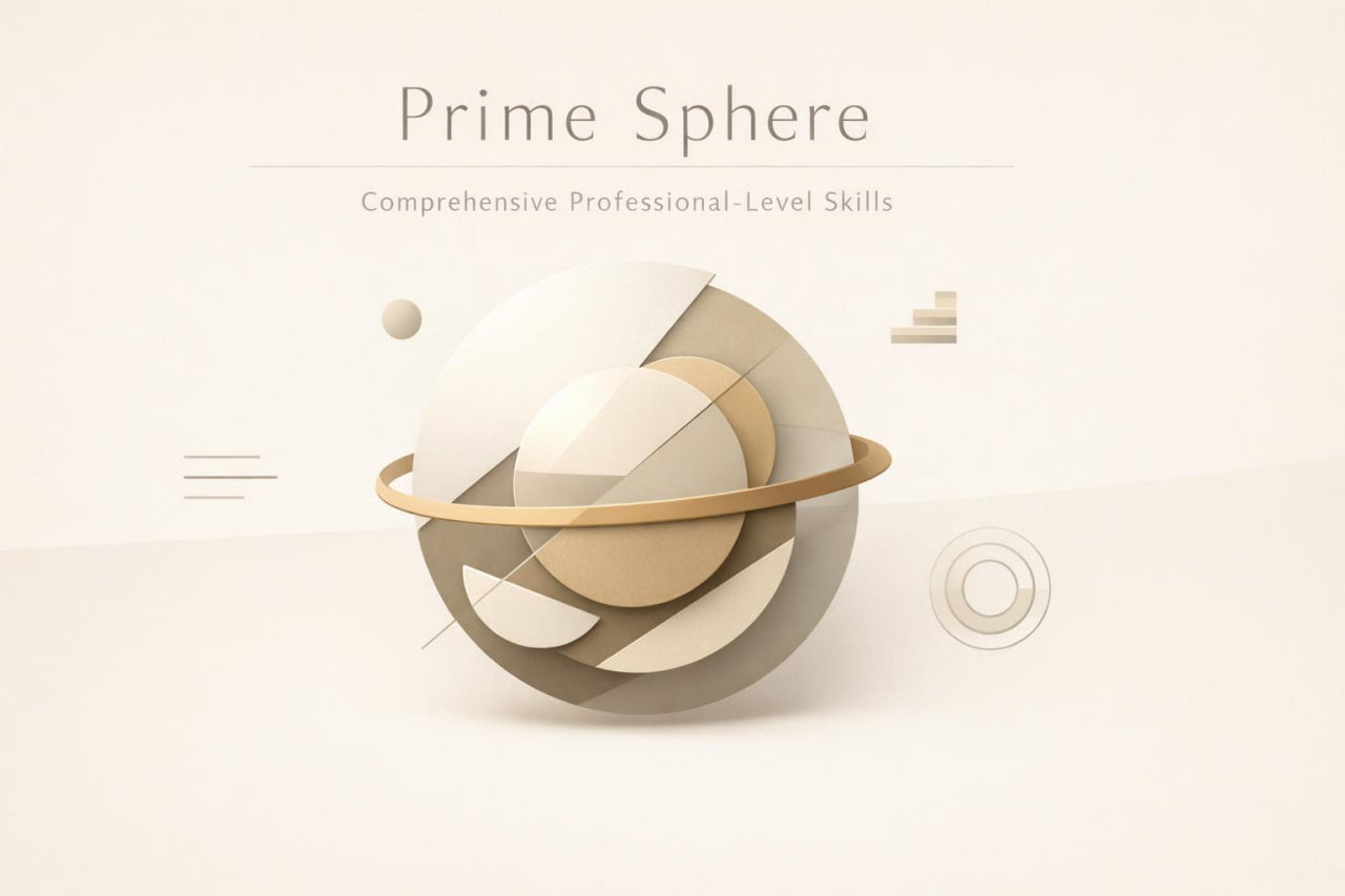 A minimalist 3D abstract graphic featuring a segmented sphere with a gold ring, labeled 'Prime Sphere' and 'Comprehensive Professional-Level Skills' on a warm cream background.