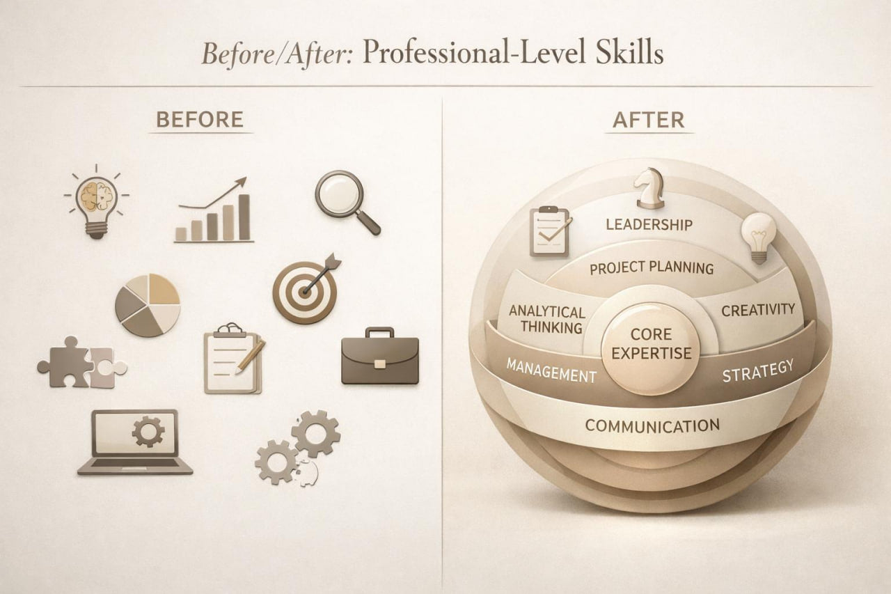 A beige infographic titled 'Before/After: Professional-Level Skills' comparing skills before and after professional development. The left side labeled 'BEFORE' shows generic icons like a lightbulb, bar chart, magnifying glass, target, laptop, and gears.
