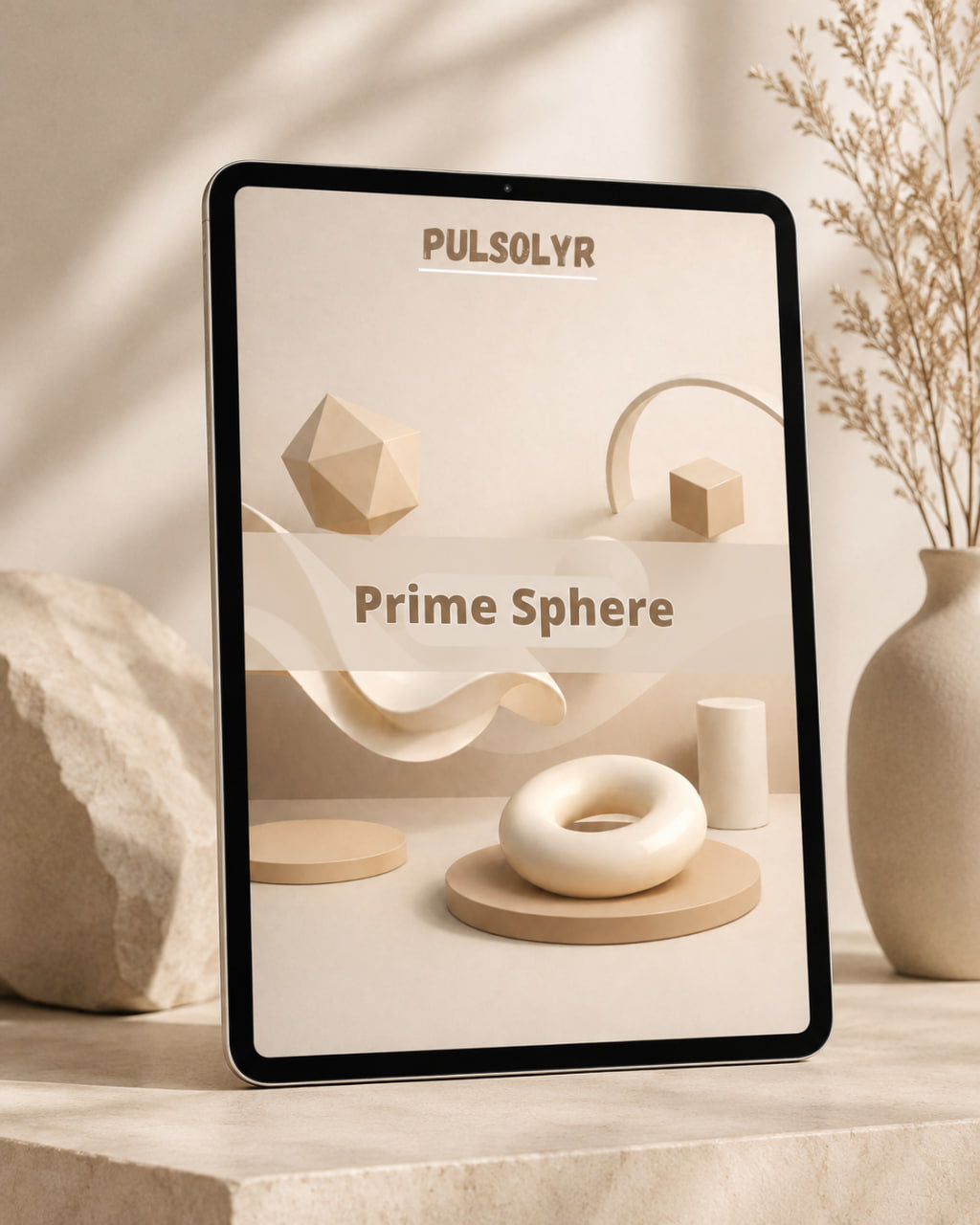 A tablet device displaying a 3D render preview titled 'PULSOLYR Prime Sphere' in a warm, minimalist interior setting with a vase and stone props.