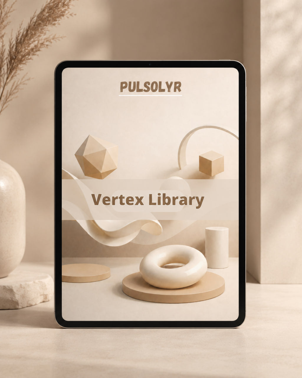A tablet device with a black border displays a minimalist geometric design template titled 'PULSOLYR Vertex Library' in warm beige and cream tones. The tablet is placed on a light wooden surface next to a ceramic vase with dried grass, under soft shadow lighting.