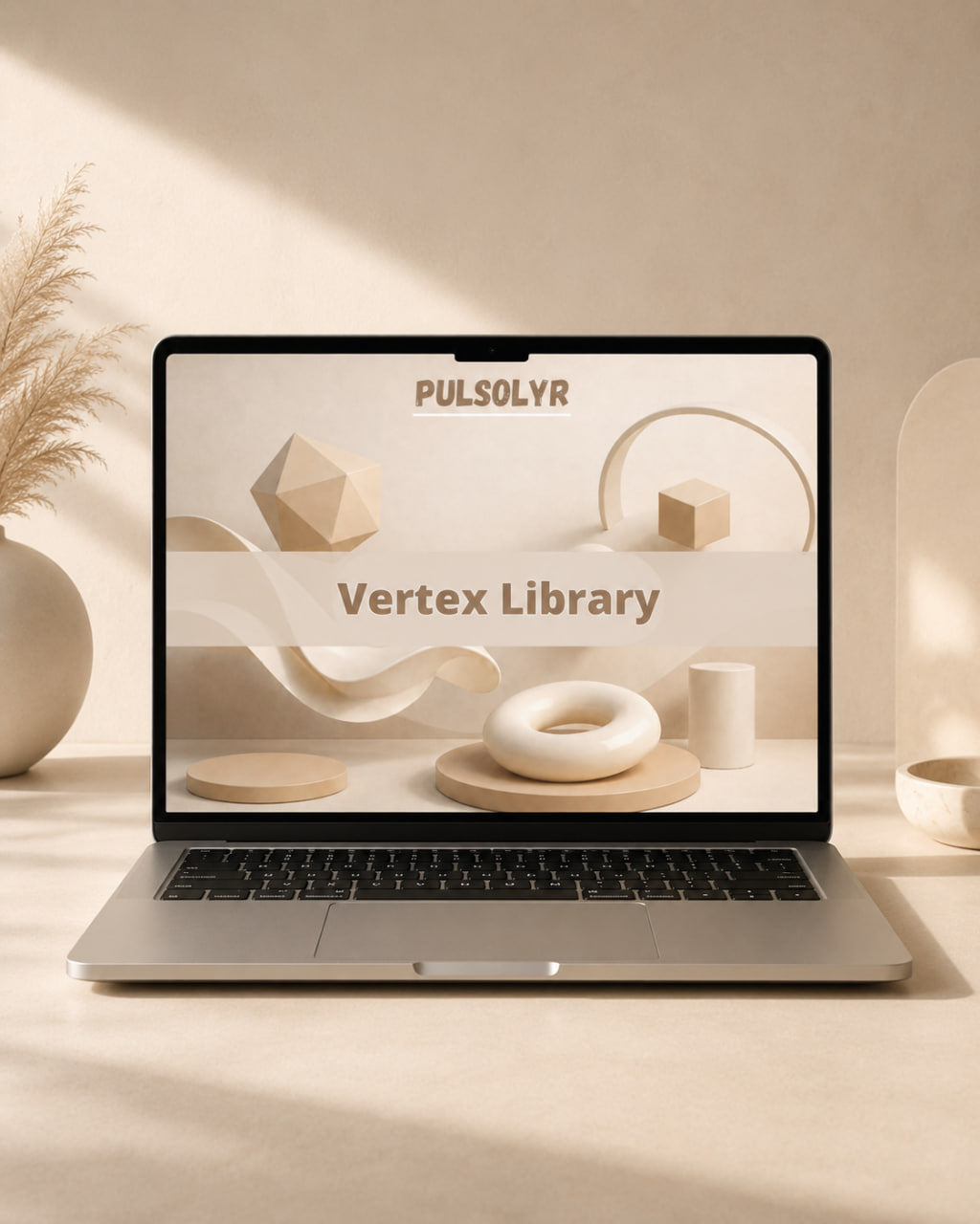 A silver laptop sits open on a beige surface, displaying a design template screen with the text 'PULSOLYR' and 'Vertex Library' over a minimalist cream-colored 3D scene. The setup is styled with warm natural light, a ceramic vase with dried grass, and a soft-focus decorative object in the background.