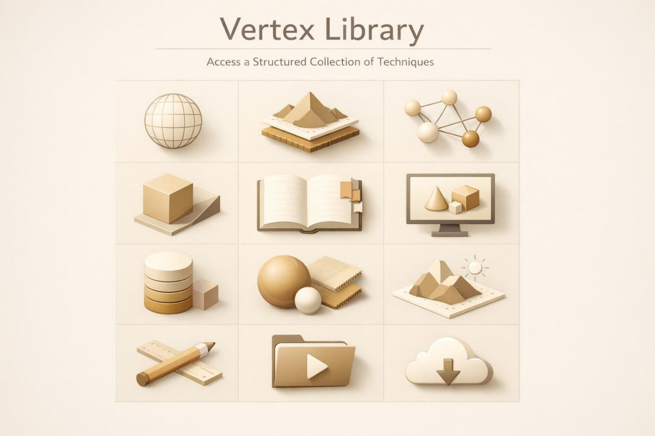 A promotional graphic for a digital asset pack titled 'Vertex Library' showing a 3D isometric grid of geometric and design icons in warm beige, tan, and brown tones on a cream background.