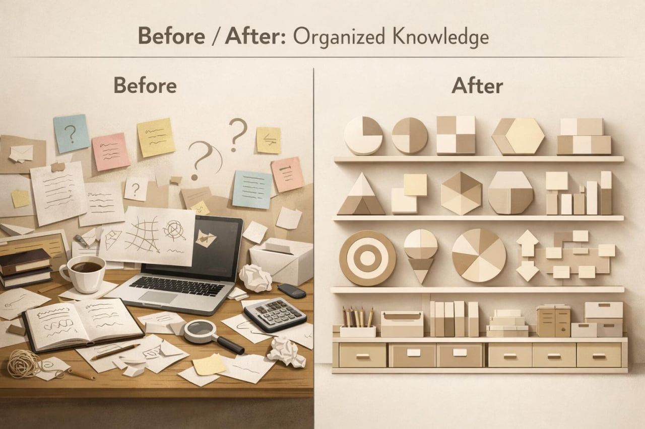 A before-and-after comparison graphic titled 'Before / After: Organized Knowledge.' The left side shows a cluttered desk with papers, sticky notes, a laptop, coffee cup, and scattered study materials.