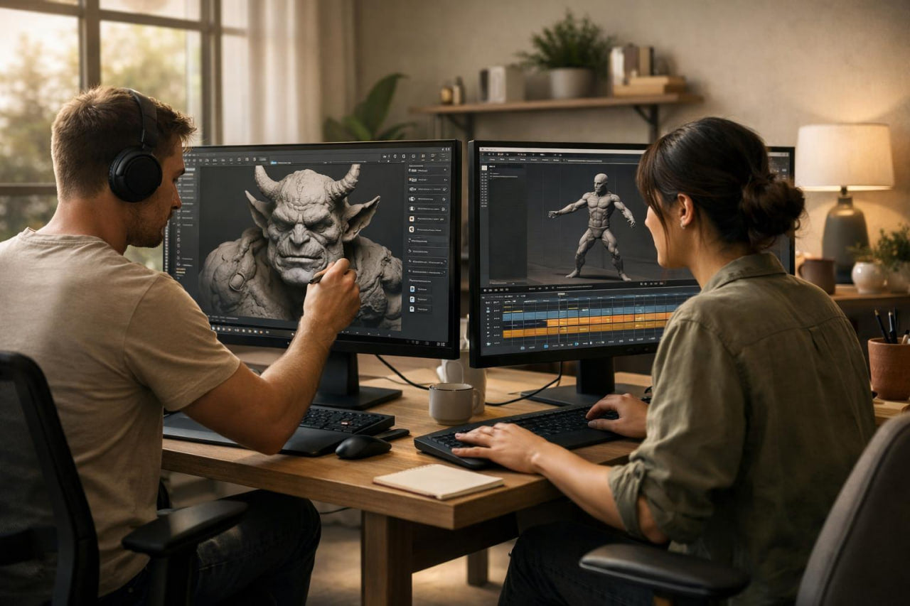 Two artists working at a desk with dual computer monitors in a warm, modern studio environment. The man on the left wears headphones and points at a 3D model of a horned demon on his screen, while the woman on the right works on a character animation sequence on her screen.