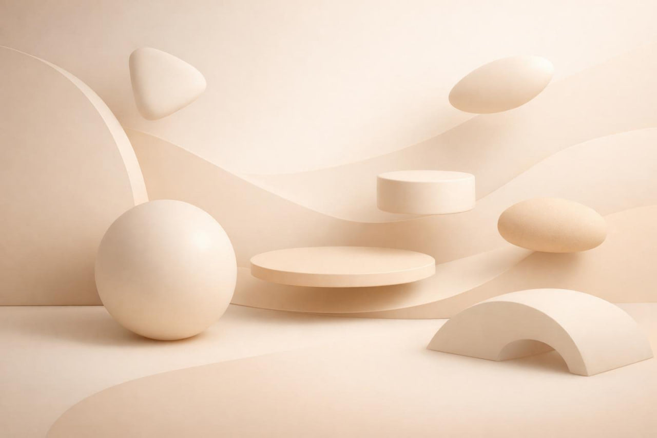 Abstract 3D render of matte cream and beige geometric shapes including a large sphere, cylinders, arcs, and floating forms on a soft wavy background.